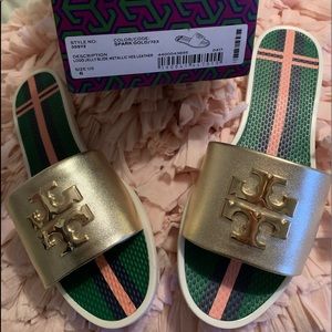 Tory Burch logo gently slide metallic gold